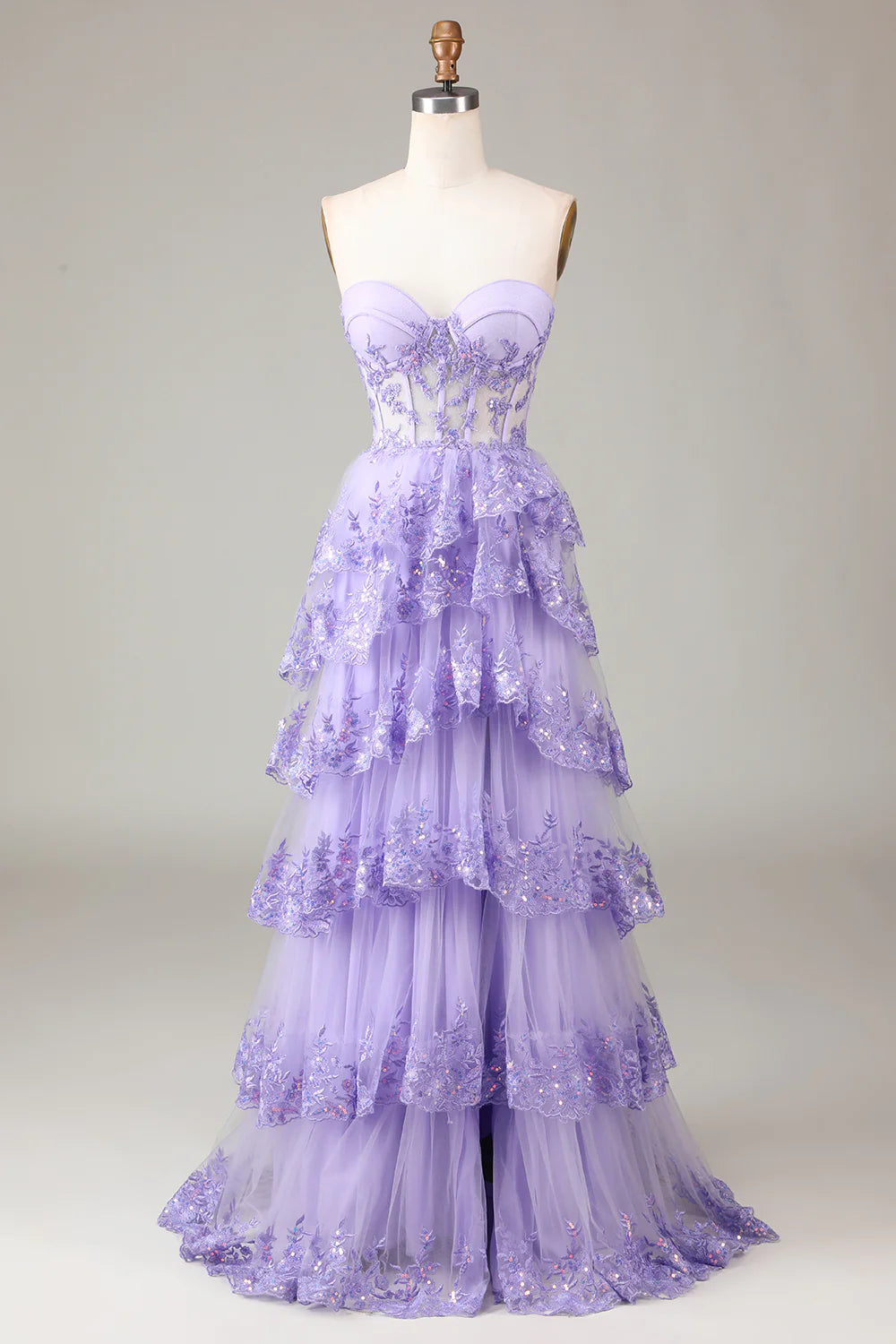 Glitter Purple A-Line Sweetheart Long Tiered Prom Dress With Slit