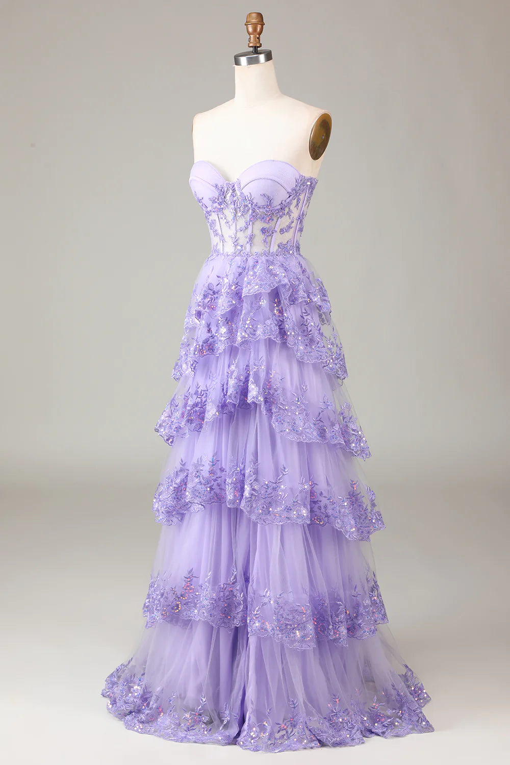 Glitter Purple A-Line Sweetheart Long Tiered Prom Dress With Slit