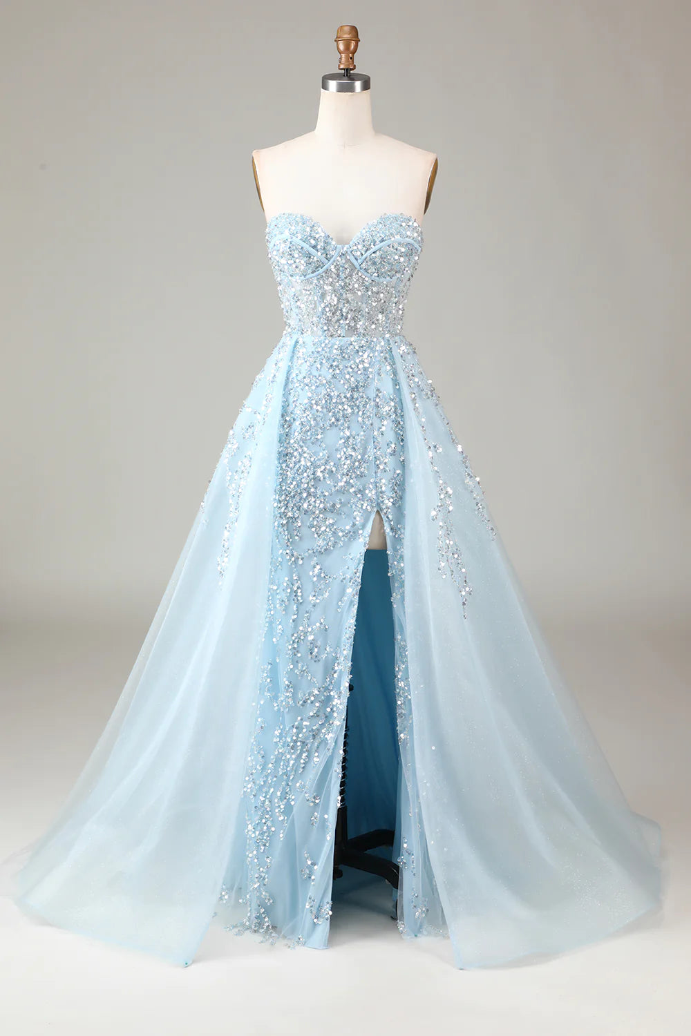 Luxurious Glitter Light Blue Long Corset Prom Dress With Sweep Train
