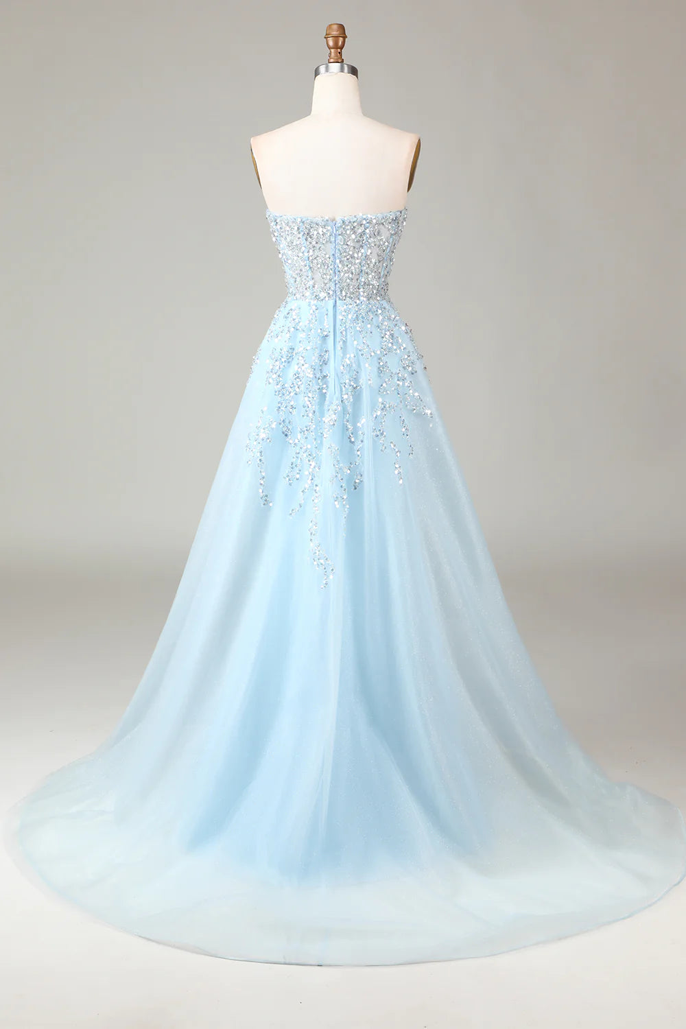 Luxurious Glitter Light Blue Long Corset Prom Dress With Sweep Train