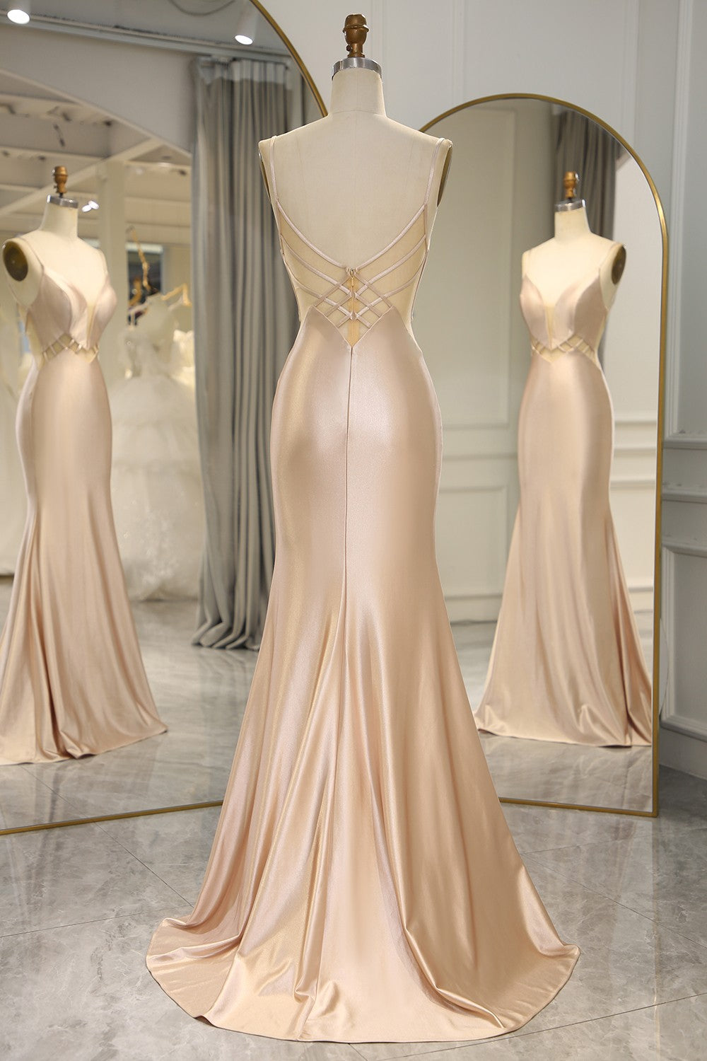 Simple Champagne Spaghetti Straps Long Mermaid Satin Prom Dress