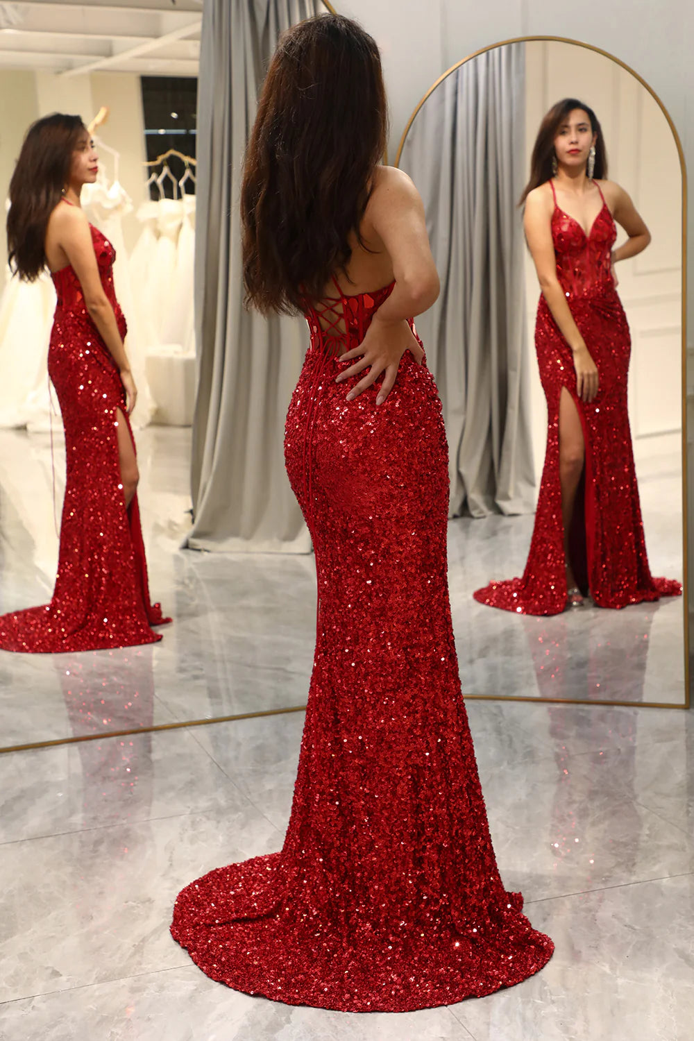 Glitter Red Mermaid Mirror Top Long Sequin Prom Dress With Slit