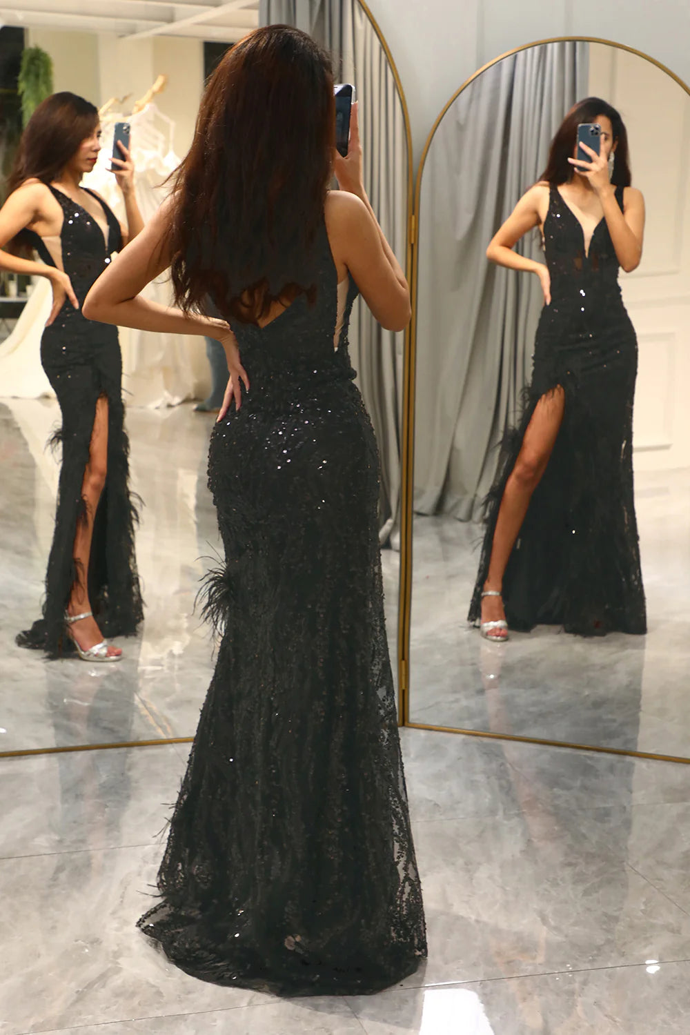 Glitter Black Mermaid V-Neck Long Feathered Prom Dress With Slit