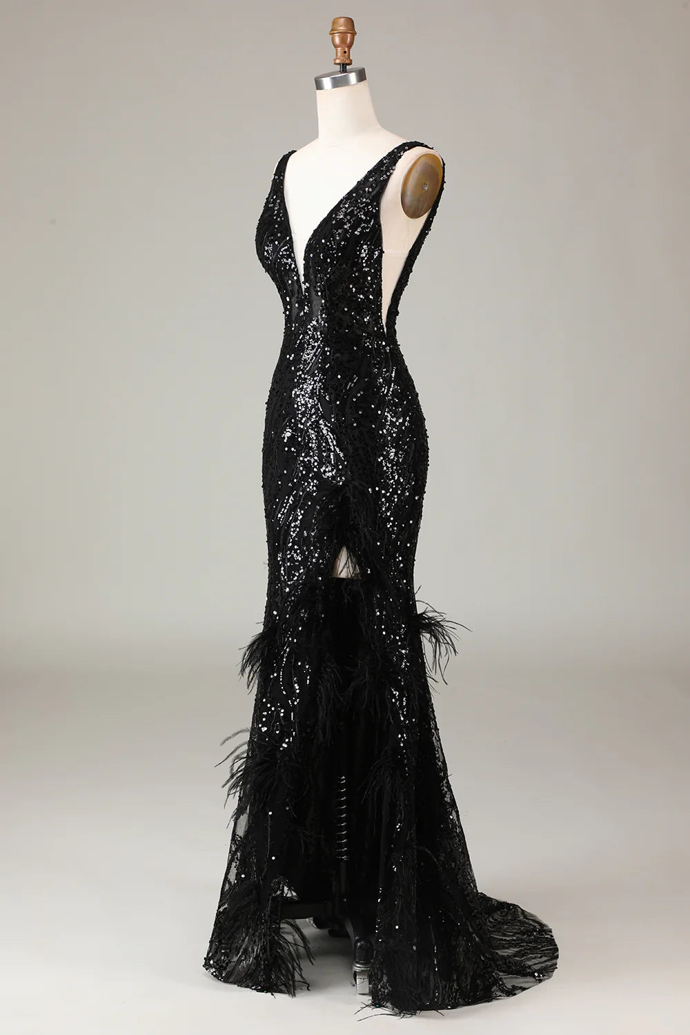 Glitter Black Mermaid V-Neck Long Feathered Prom Dress With Slit