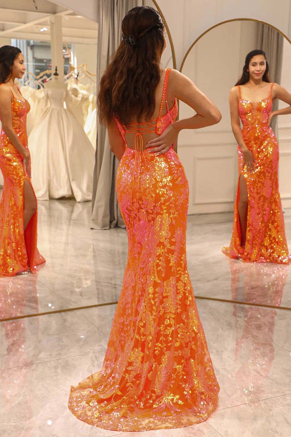 Glitter Sequin Orange Mermaid Long Corset Prom Dress With Slit