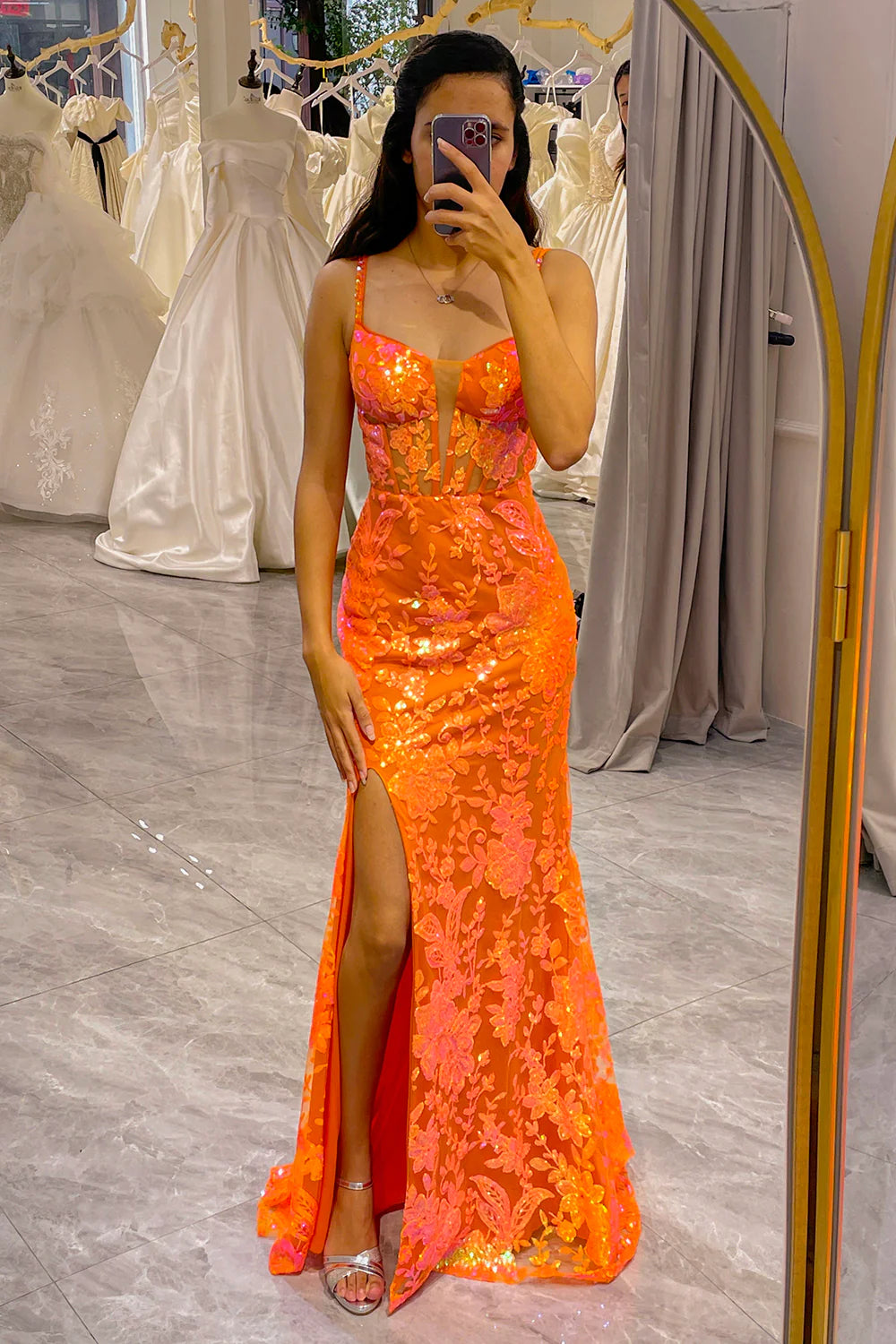 Glitter Sequin Orange Mermaid Long Corset Prom Dress With Slit