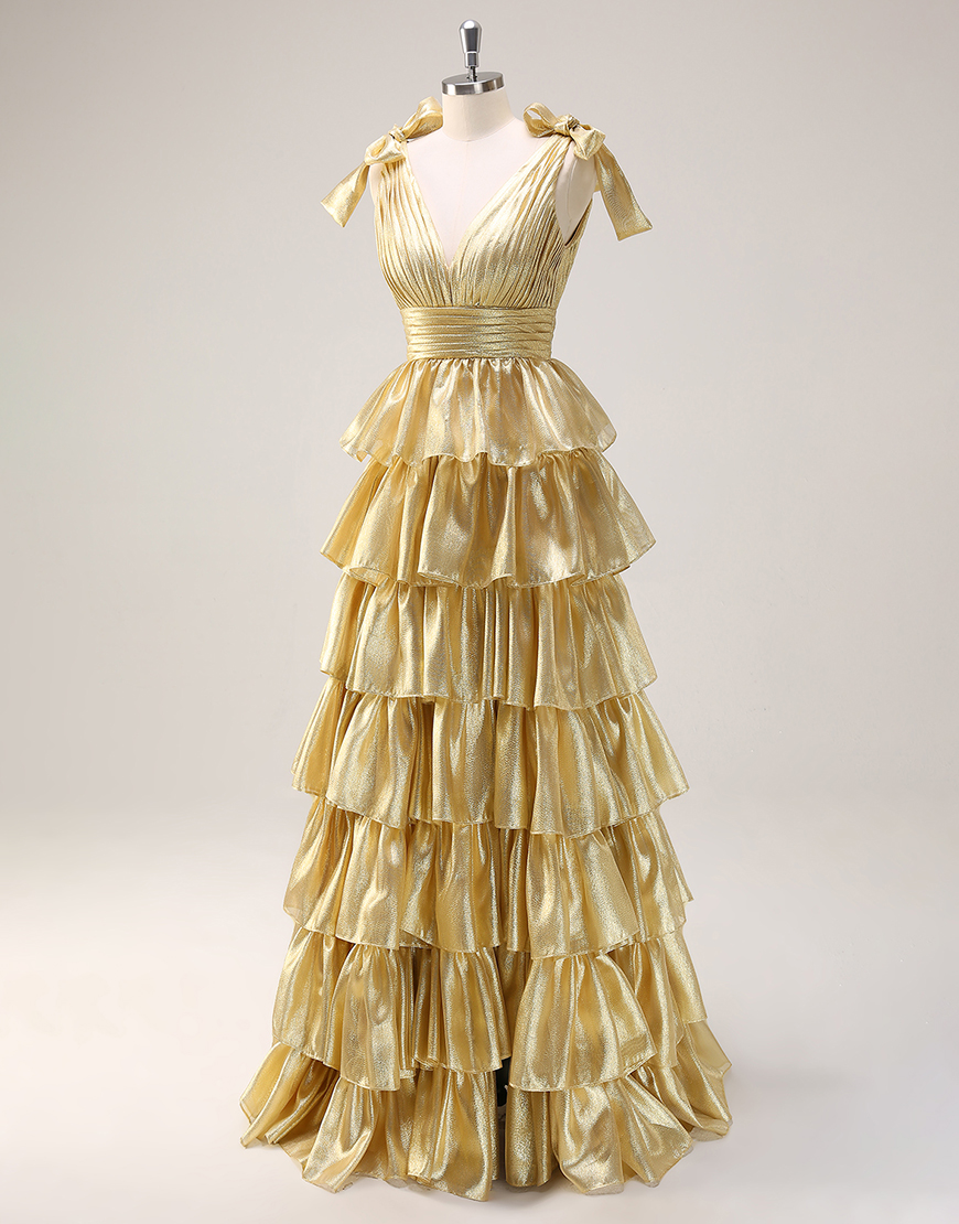 Trendy Pink A-Line Deep V-Neck Long Tiered Prom Dress With Split