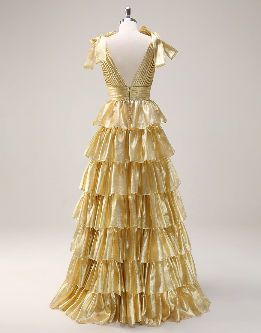 Trendy Pink A-Line Deep V-Neck Long Tiered Prom Dress With Split