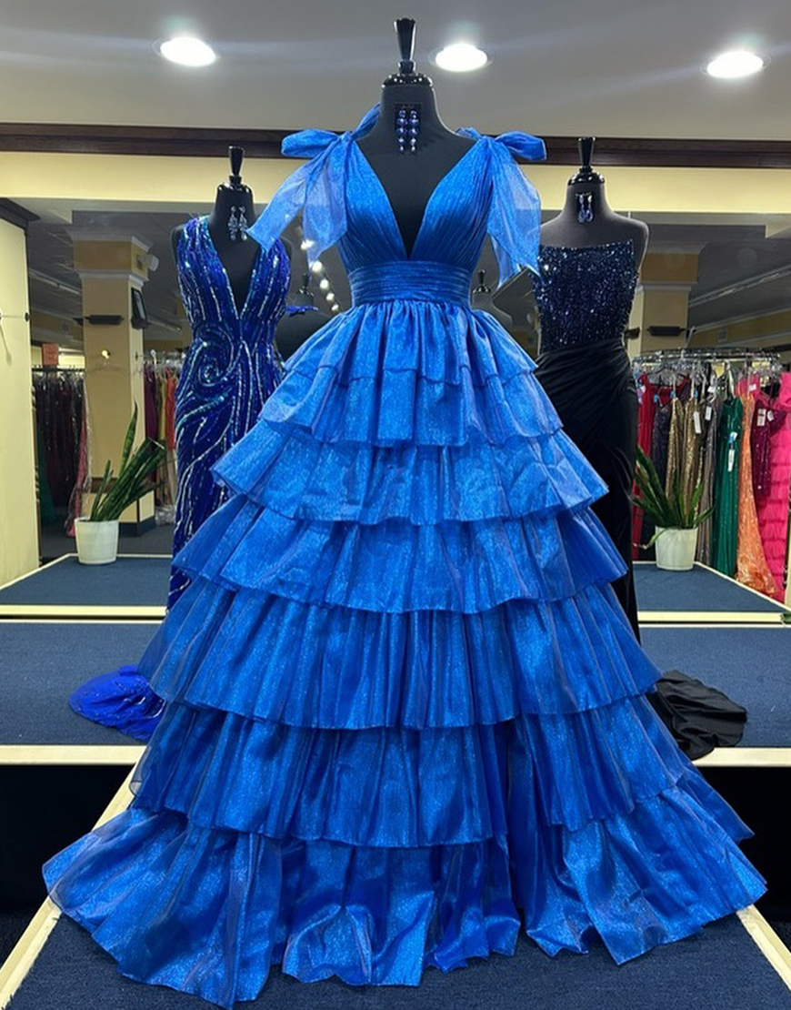 Trendy Pink A-Line Deep V-Neck Long Tiered Prom Dress With Split