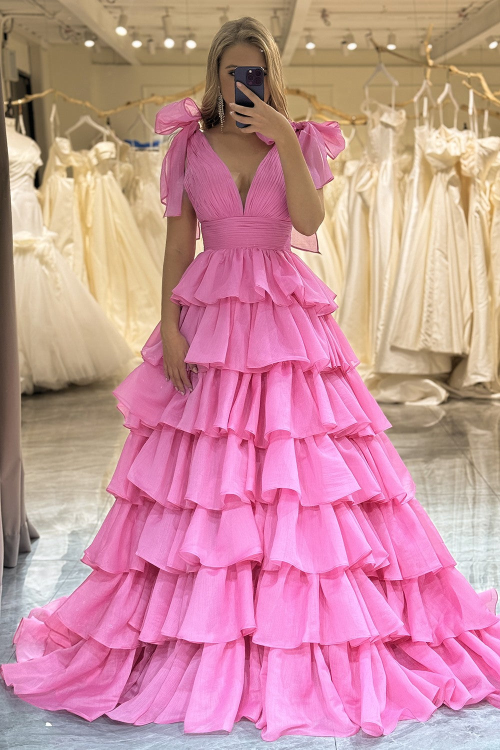 Hot Pink Princess A-Line Deep V-Neck Long Tiered Prom Party Dress