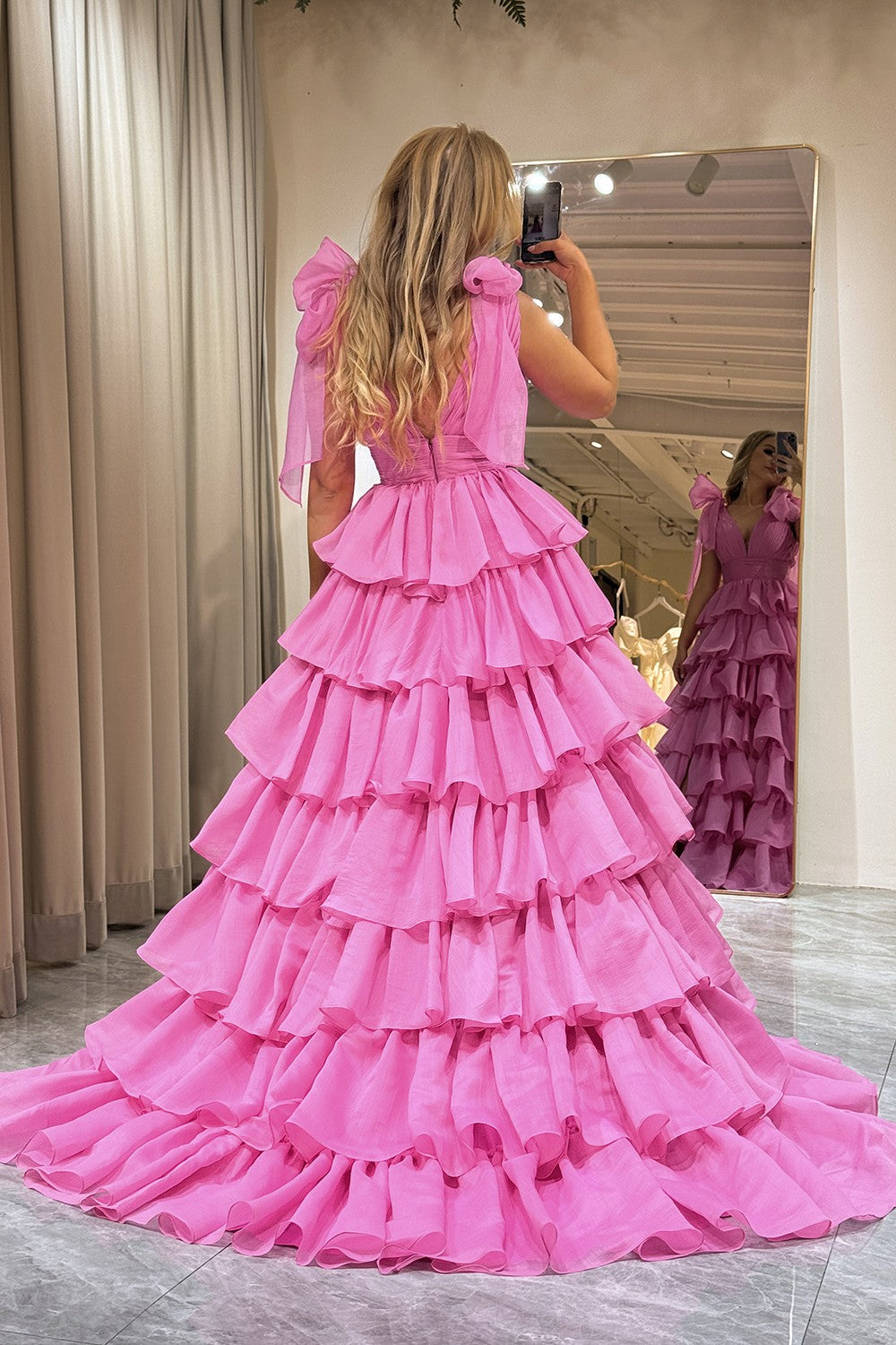 Hot Pink Princess A-Line Deep V-Neck Long Tiered Prom Party Dress