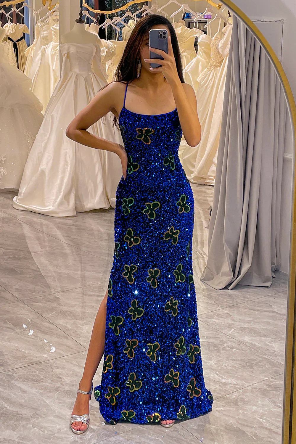 Glitter Royal Blue Spaghetti Straps Long Sequin Prom Dress With Slit