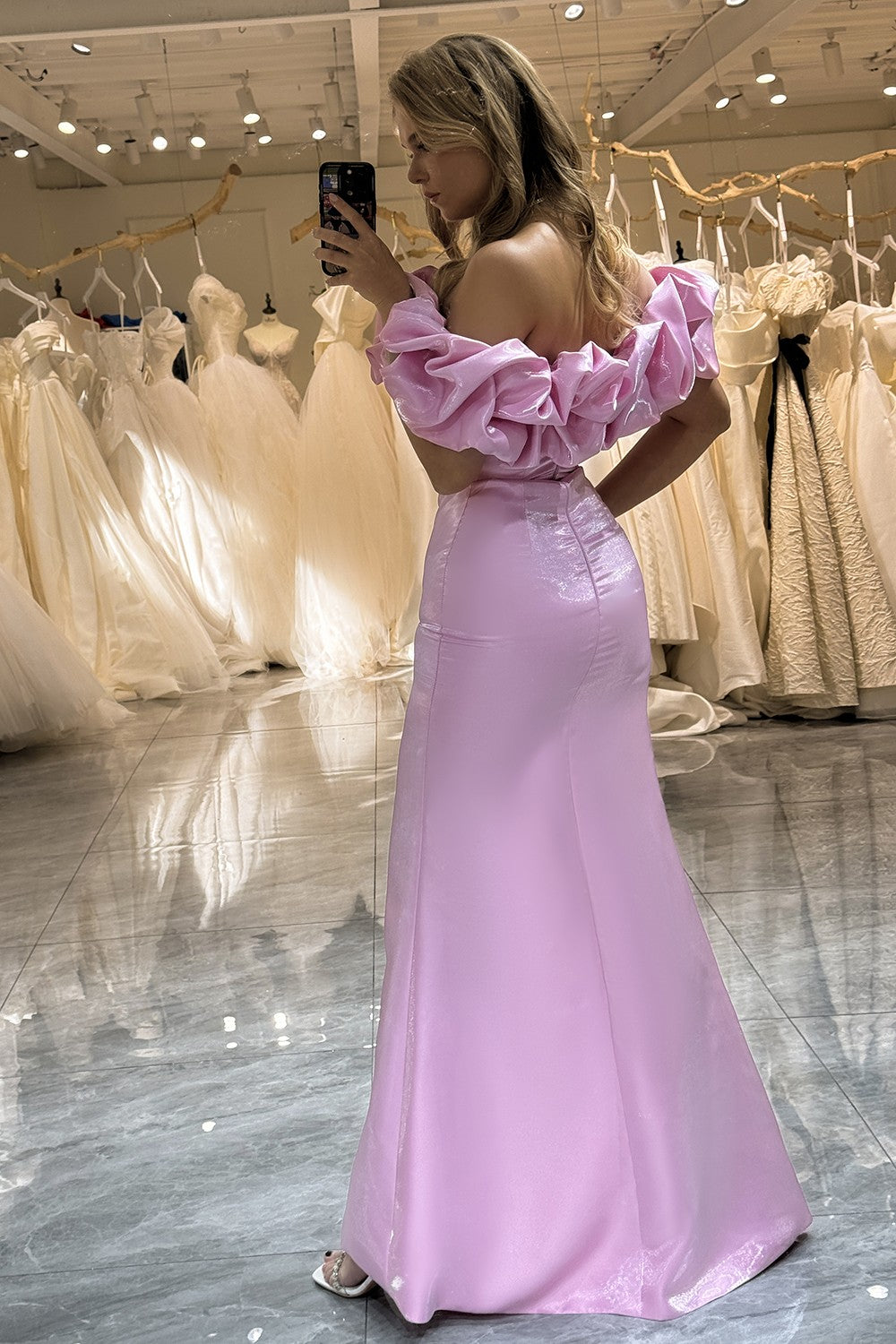 Glitter Pink Mermaid Ruffle Off The Shoulder Long Prom Dress With Split