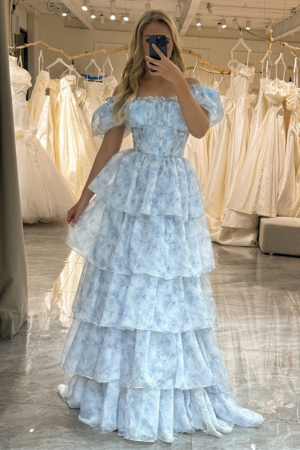 Light Blue A Line Off The Shoulder Long Tiered Prom Party Dress