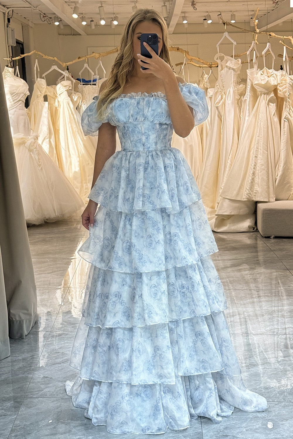 Light Blue A Line Off The Shoulder Long Tiered Prom Party Dress