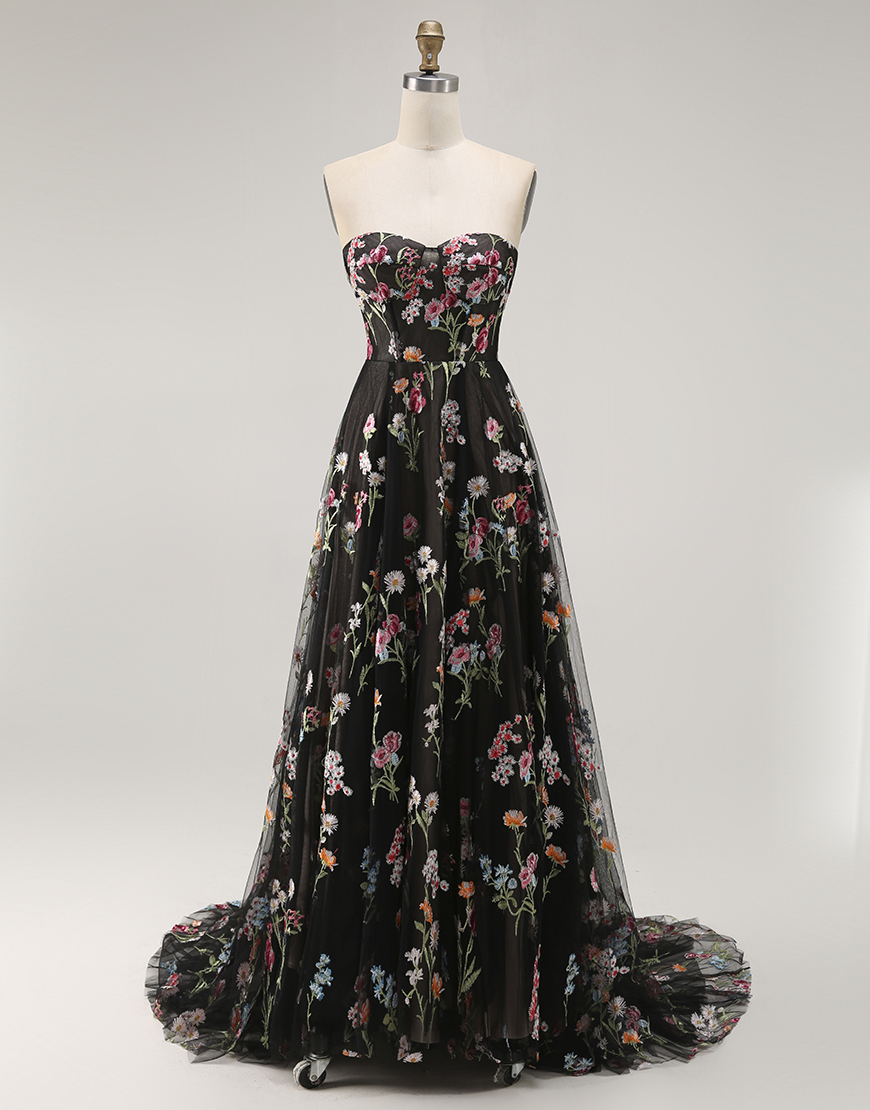 Black A Line Strapless Floral Long Prom Dress