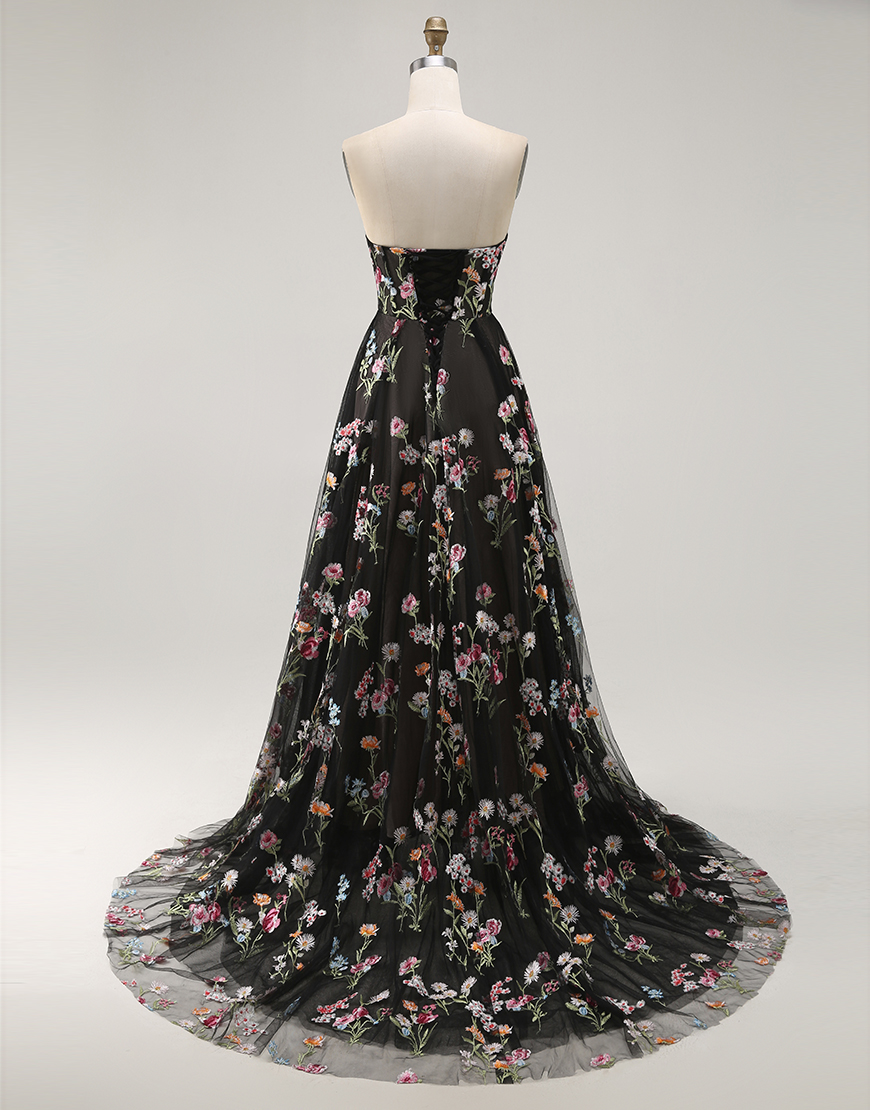 Black A Line Strapless Floral Long Prom Dress