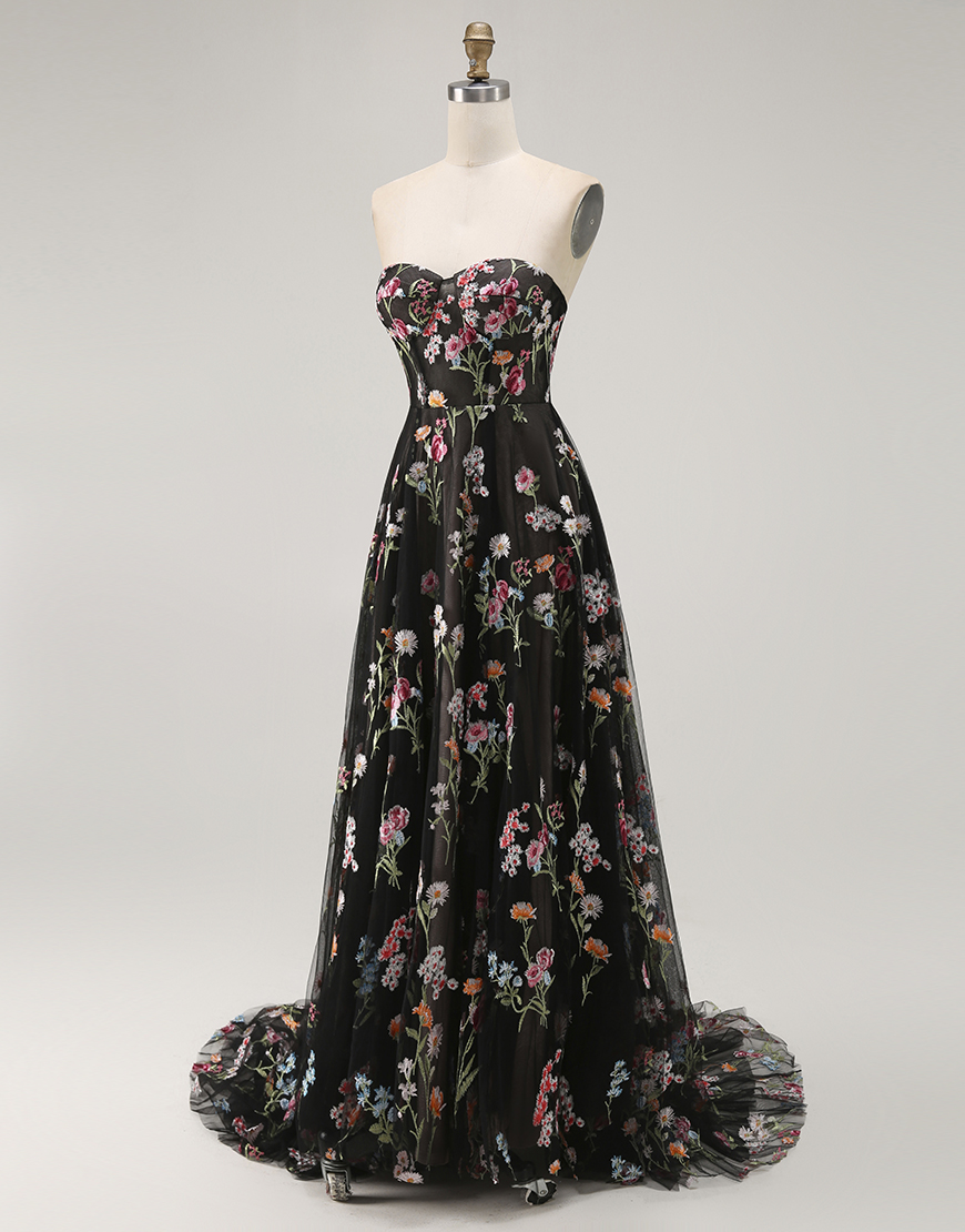 Black A Line Strapless Floral Long Prom Dress