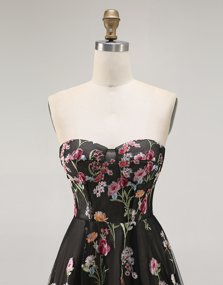 Black A Line Strapless Floral Long Prom Dress