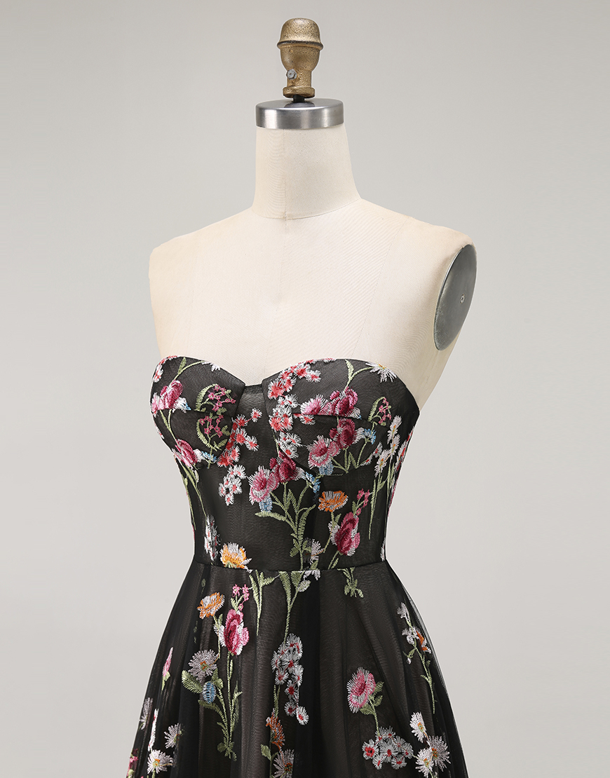 Black A Line Strapless Floral Long Prom Dress