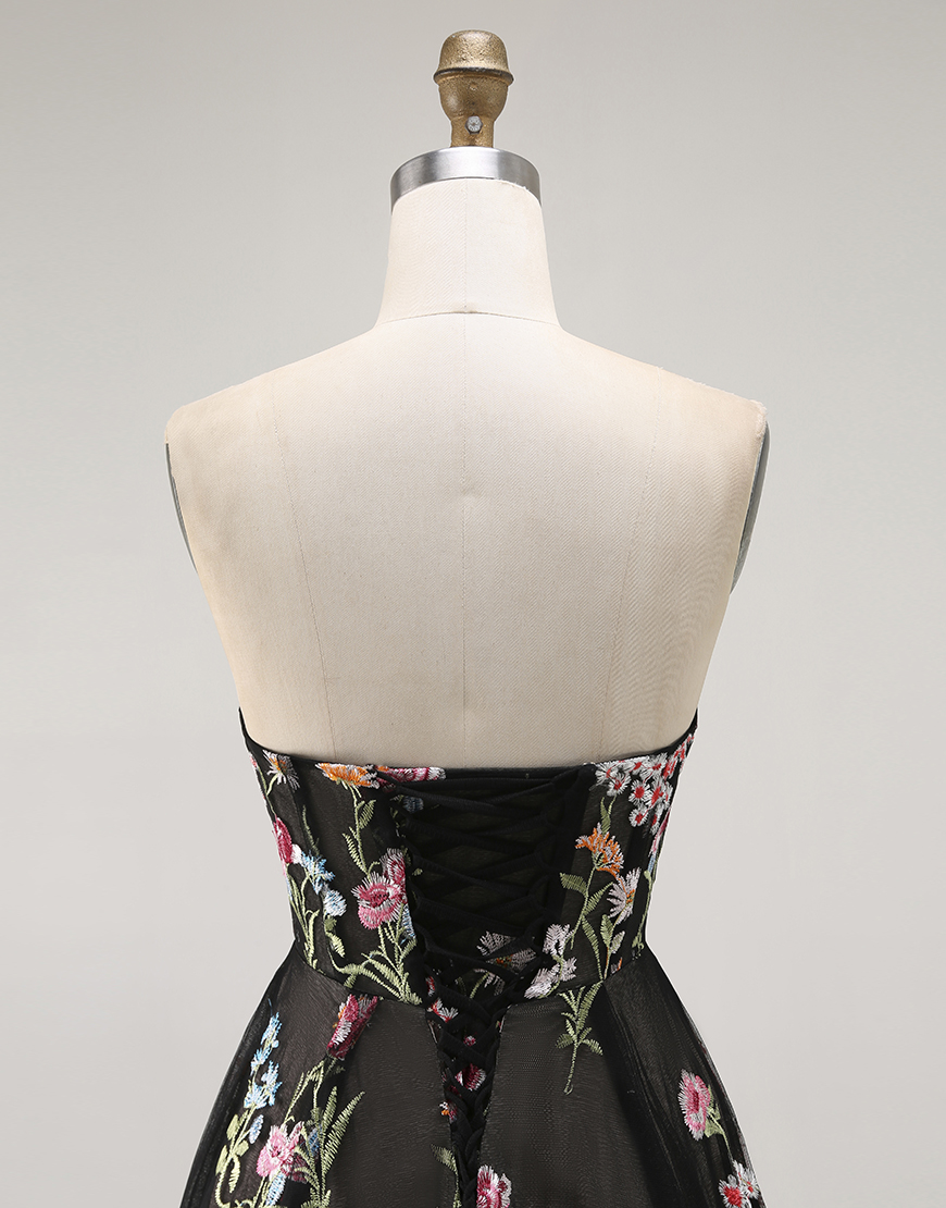 Black A Line Strapless Floral Long Prom Dress