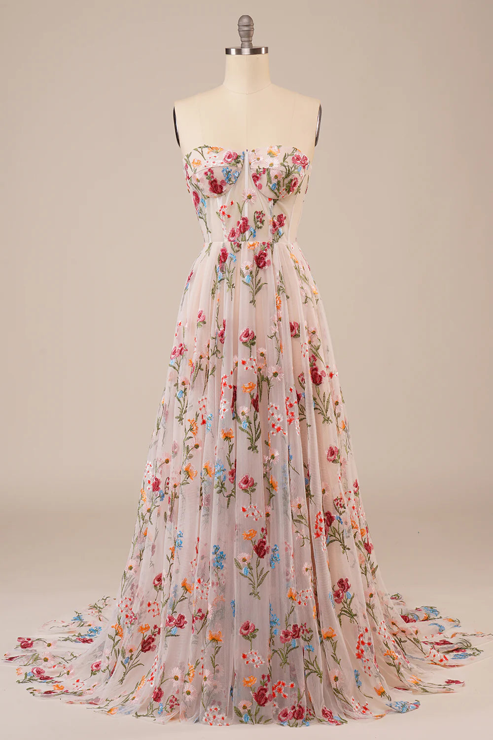 A-Line Strapless Sweep Train Tulle Prom Dress with Embroidery
