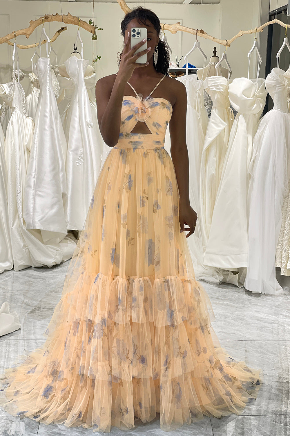 Cute A Line Spaghetti Straps Long Print Tulle Prom Dress