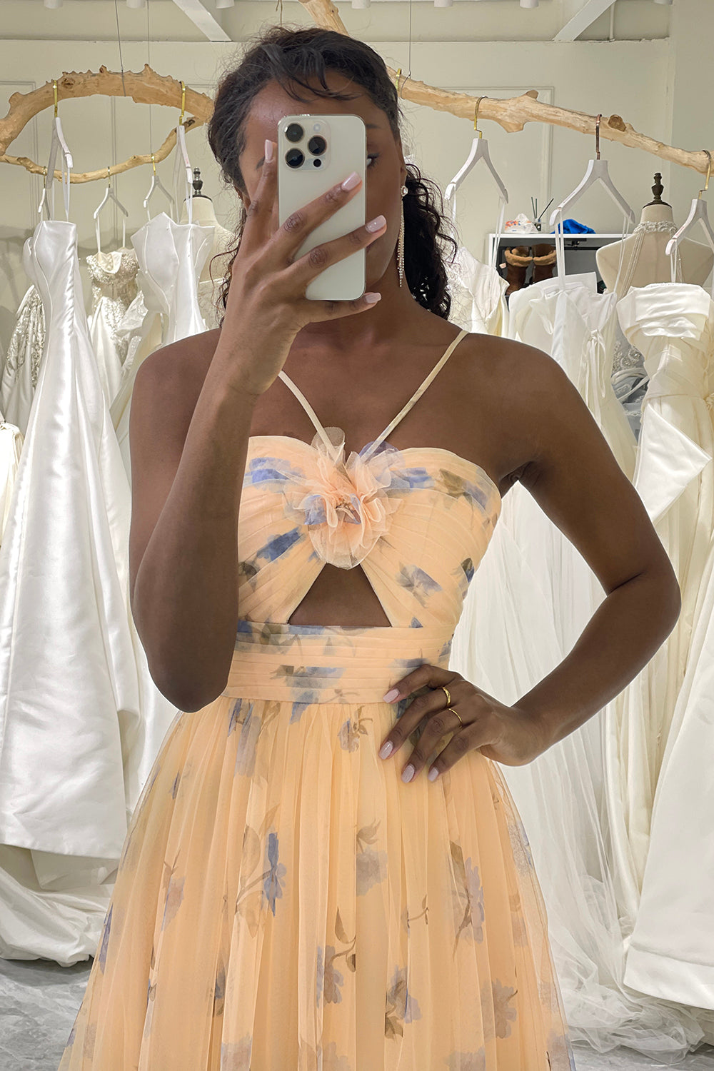 Cute A Line Spaghetti Straps Long Print Tulle Prom Dress