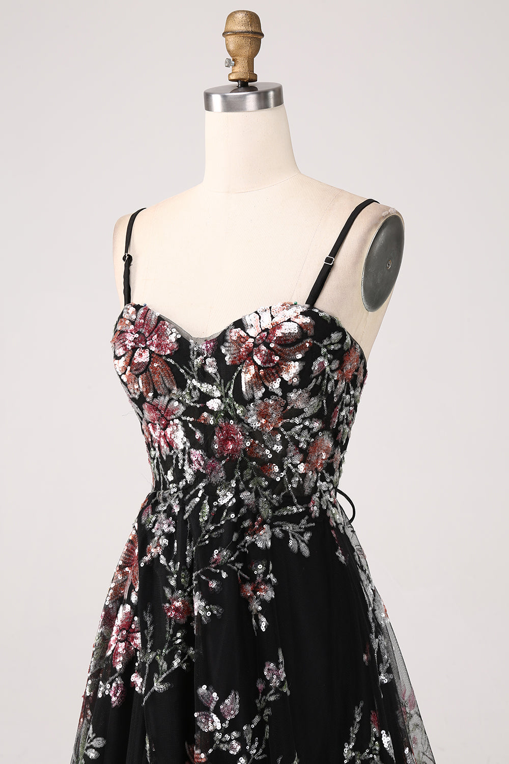 Sparkly Ivory Floral A-Line Flower Sequins Long Corset Prom Dress