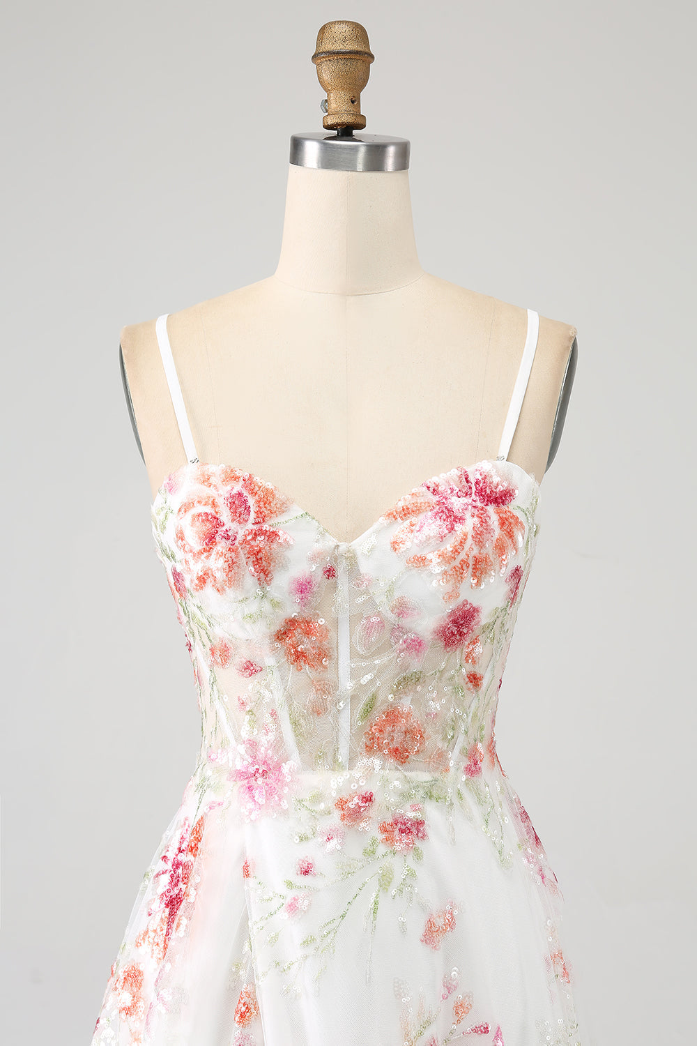 Sparkly Ivory Floral A-Line Flower Sequins Long Corset Prom Dress