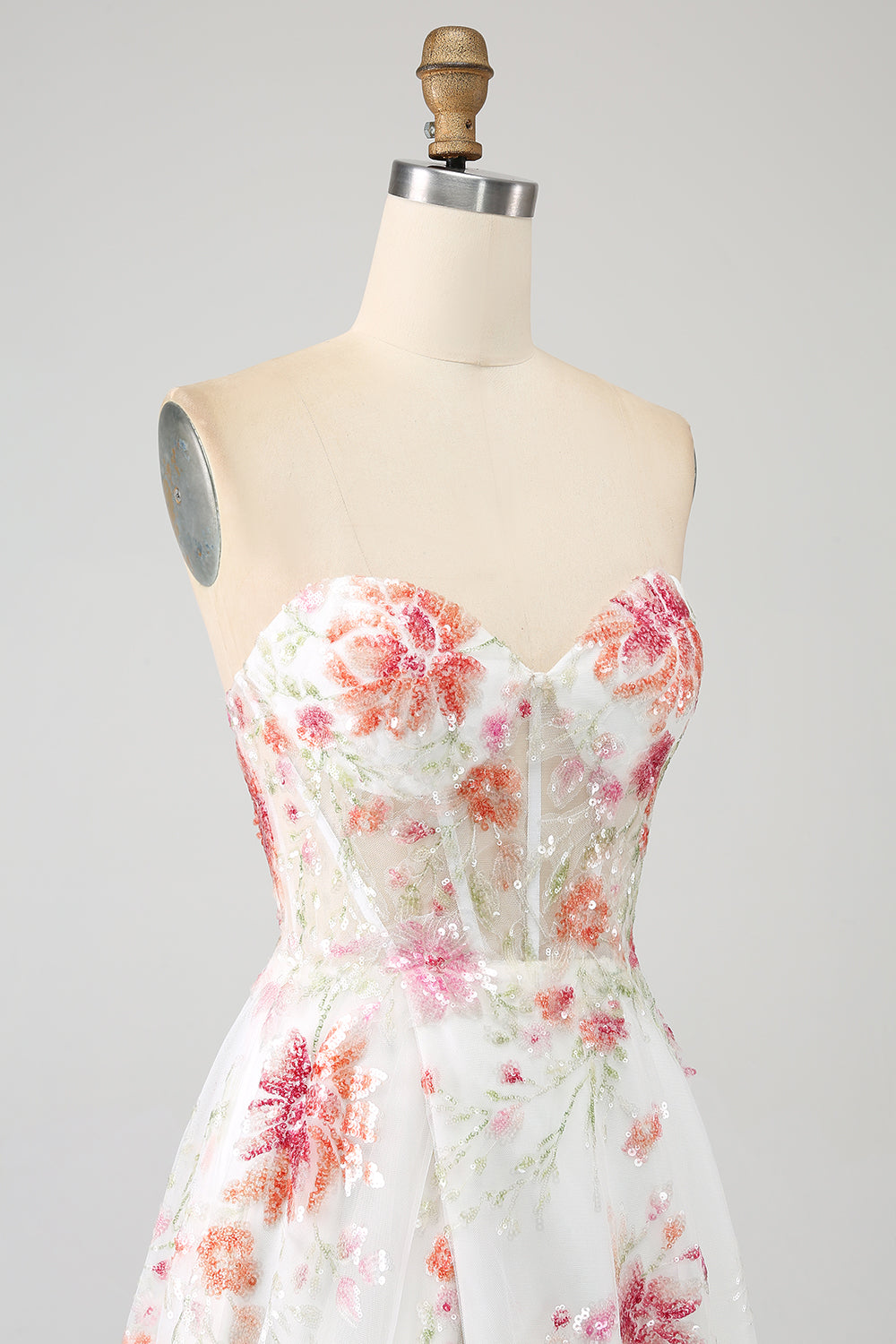 Sparkly Ivory Floral A-Line Flower Sequins Long Corset Prom Dress