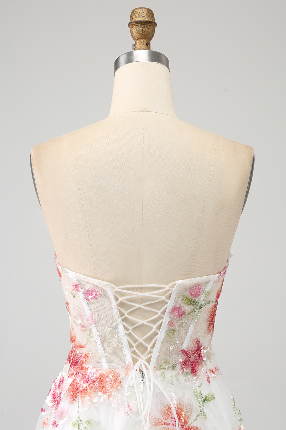 Sparkly Ivory Floral A-Line Flower Sequins Long Corset Prom Dress