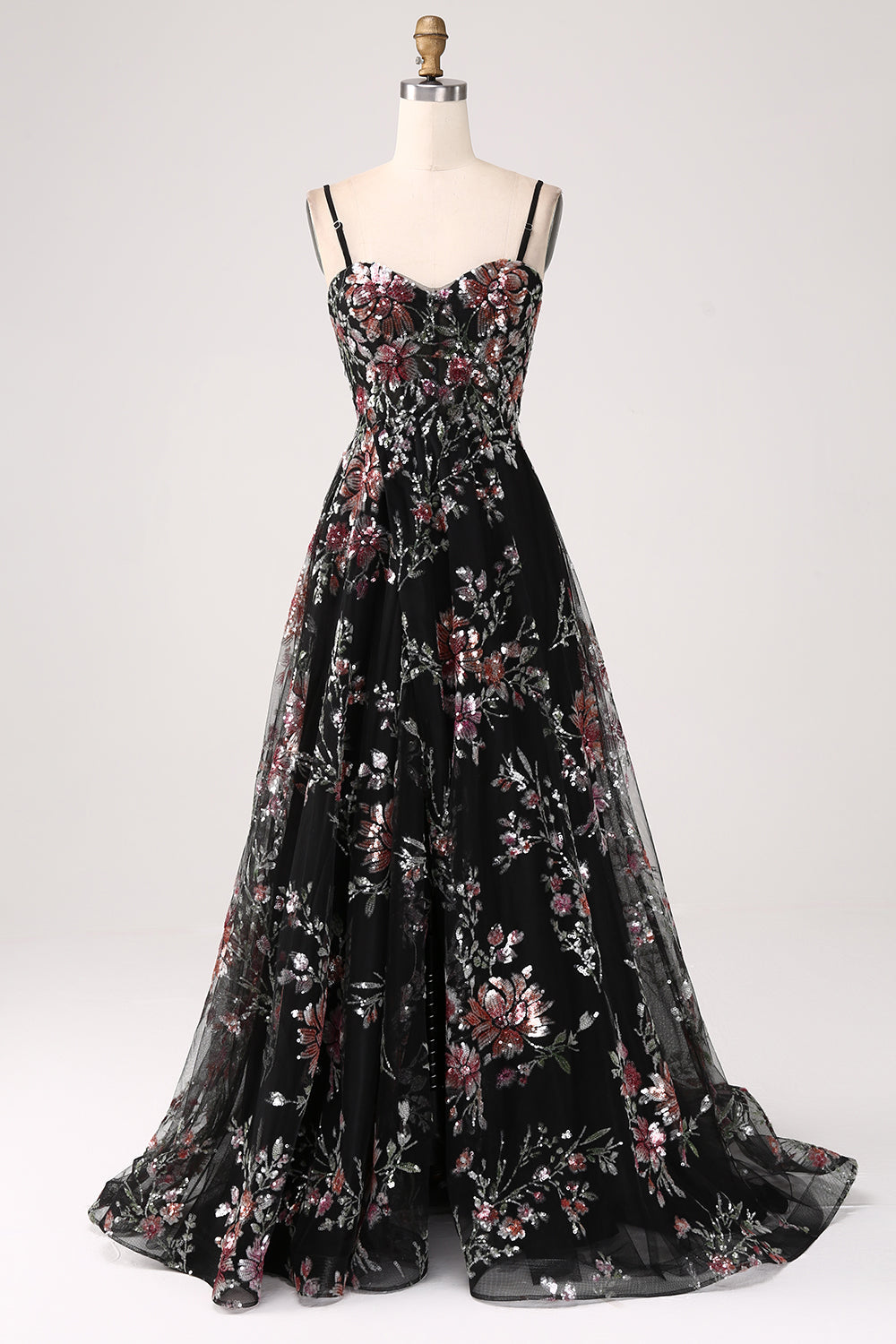 Black A-Line Flower Long Corset Prom Dress with Slit Sweetheart Embroidered Long Wedding Dress