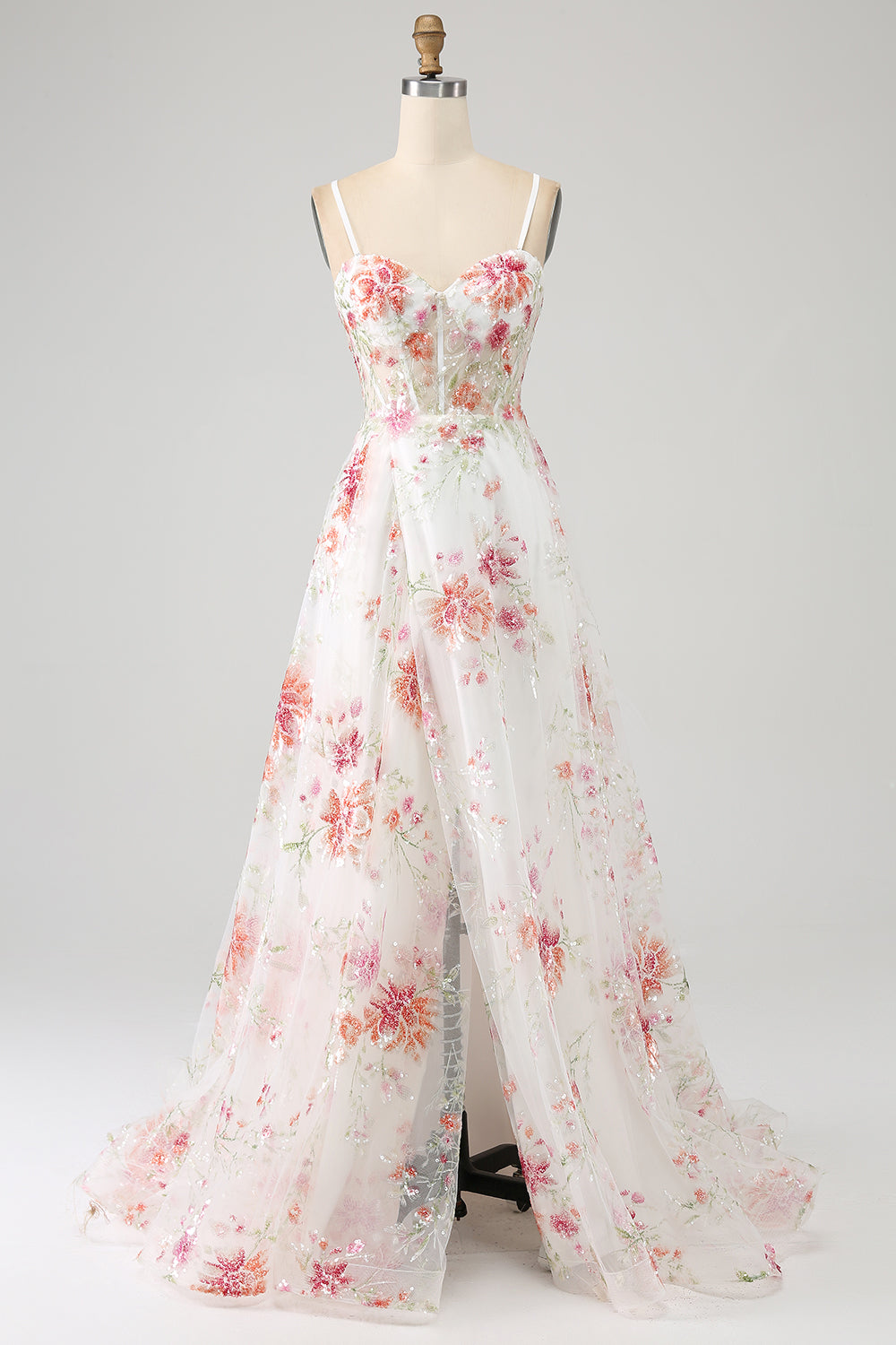 Sparkly Ivory Floral A-Line Flower Sequins Long Corset Prom Dress
