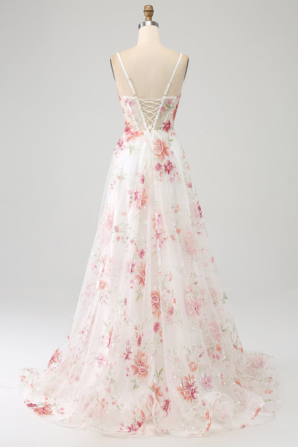 Sparkly Ivory Floral A-Line Flower Sequins Long Corset Prom Dress
