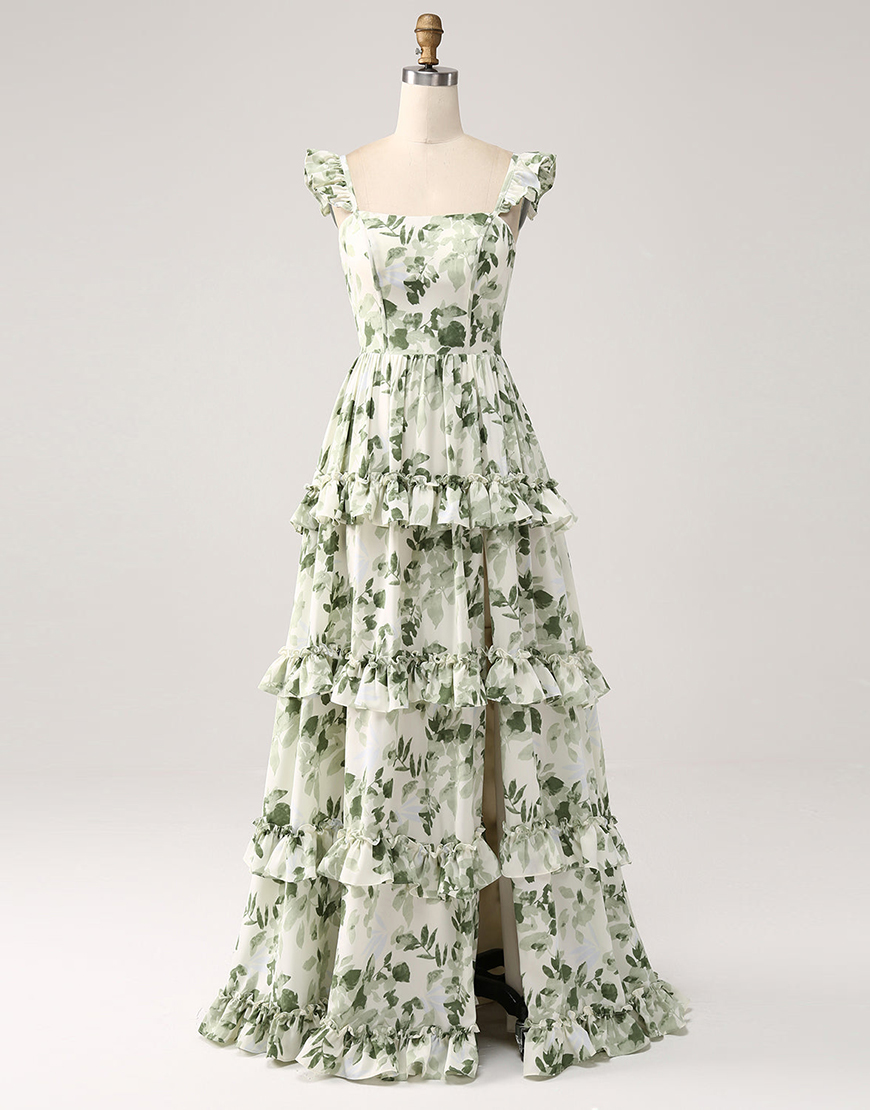 Green Floral Square Neck Ruffle A-Line Long Prom Dress