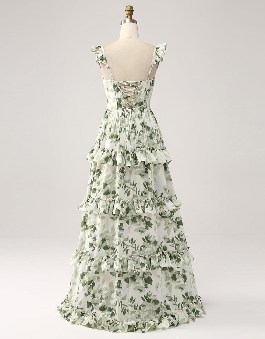 Green Floral Square Neck Ruffle A-Line Long Prom Dress