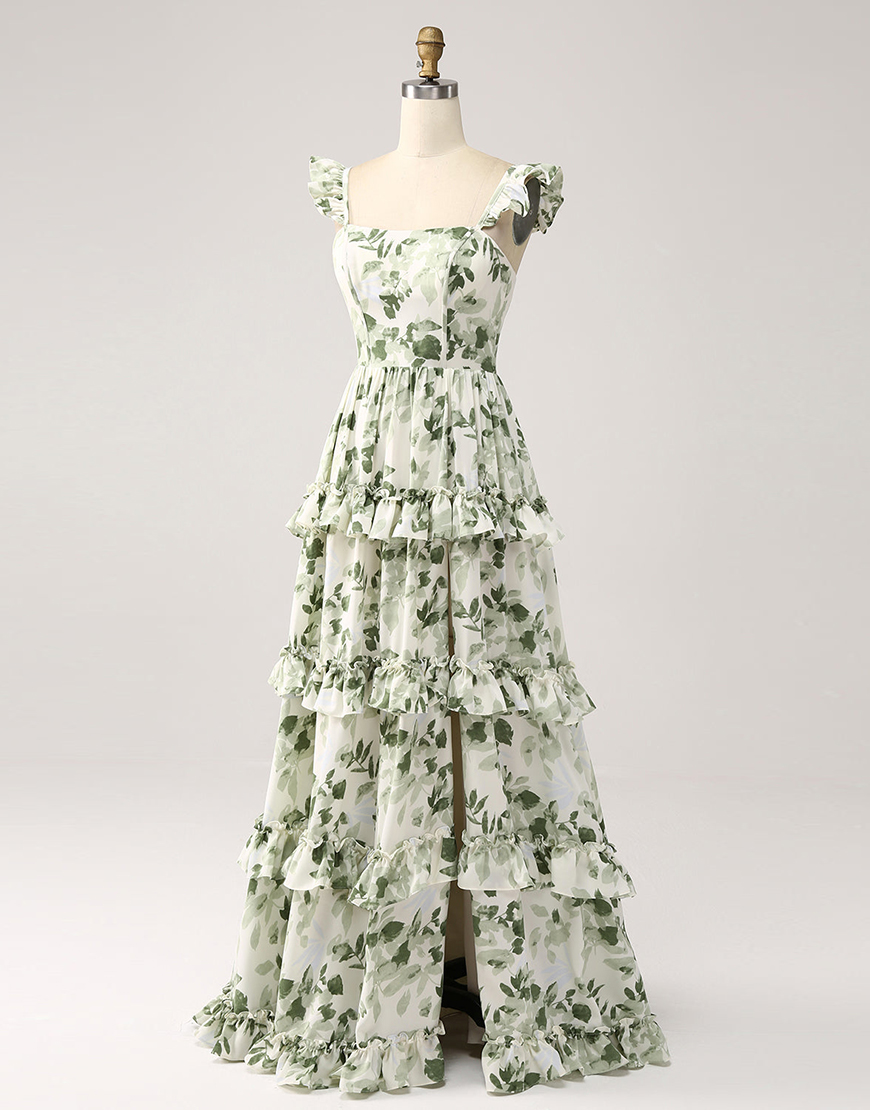 Green Floral Square Neck Ruffle A-Line Long Prom Dress