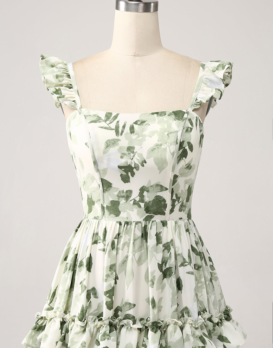 Green Floral Square Neck Ruffle A-Line Long Prom Dress