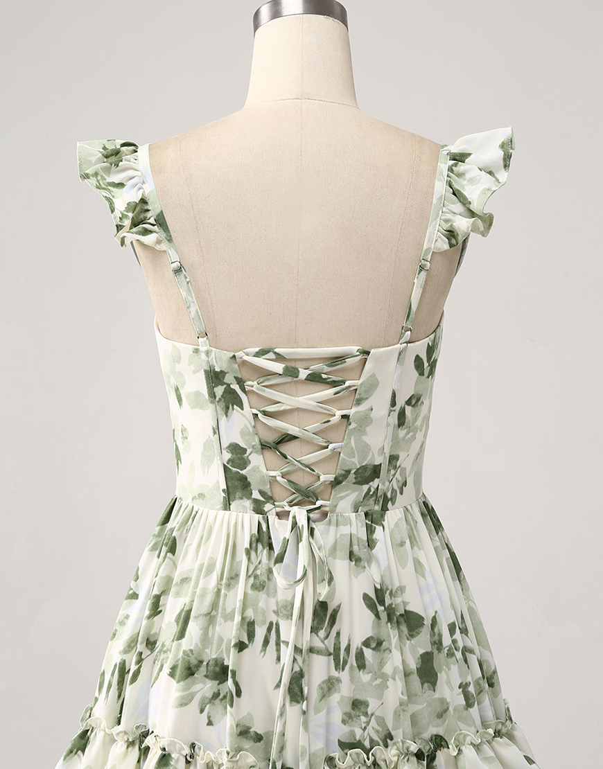 Green Floral Square Neck Ruffle A-Line Long Prom Dress