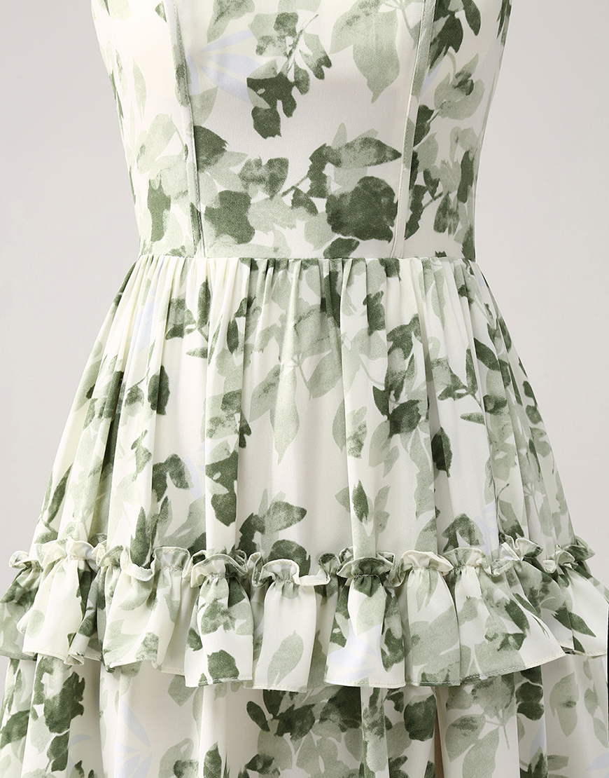 Green Floral Square Neck Ruffle A-Line Long Prom Dress