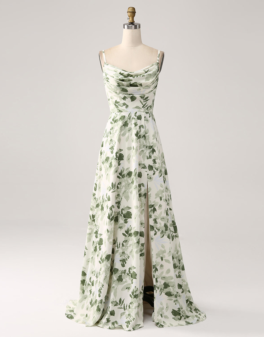 Green Floral Cowl Neck A-Line Long Prom Dress with Slit