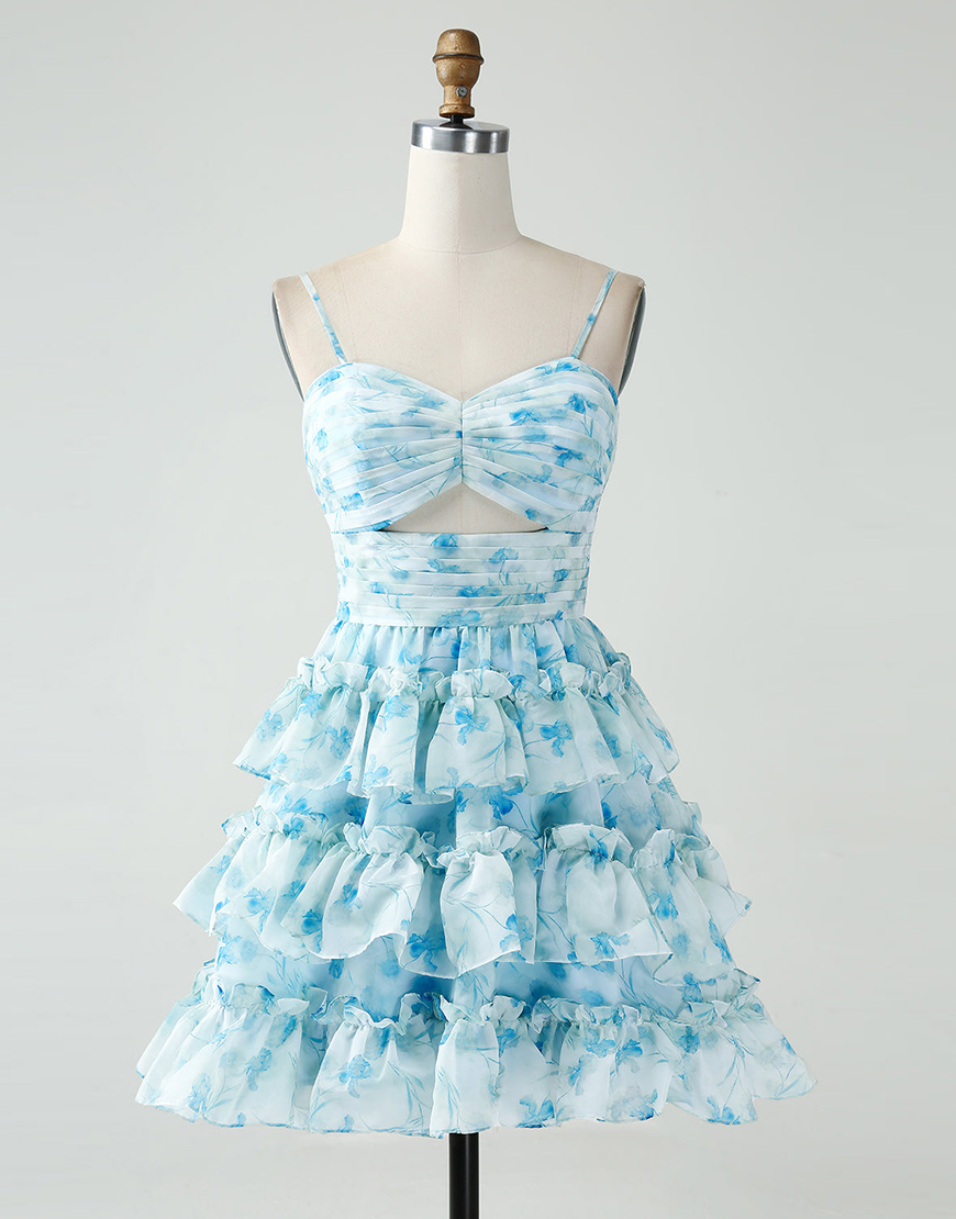 Blue Flower A-Line Ruffled Tiered Spaghetti Straps Homecoming Dress 