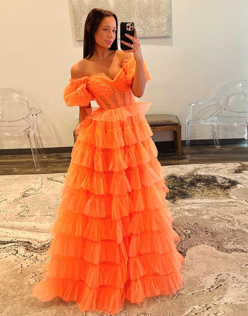 Orange A-Line Off the Shoulder Ruffles Corset Tiered Tulle Long Prom Dress with Slit