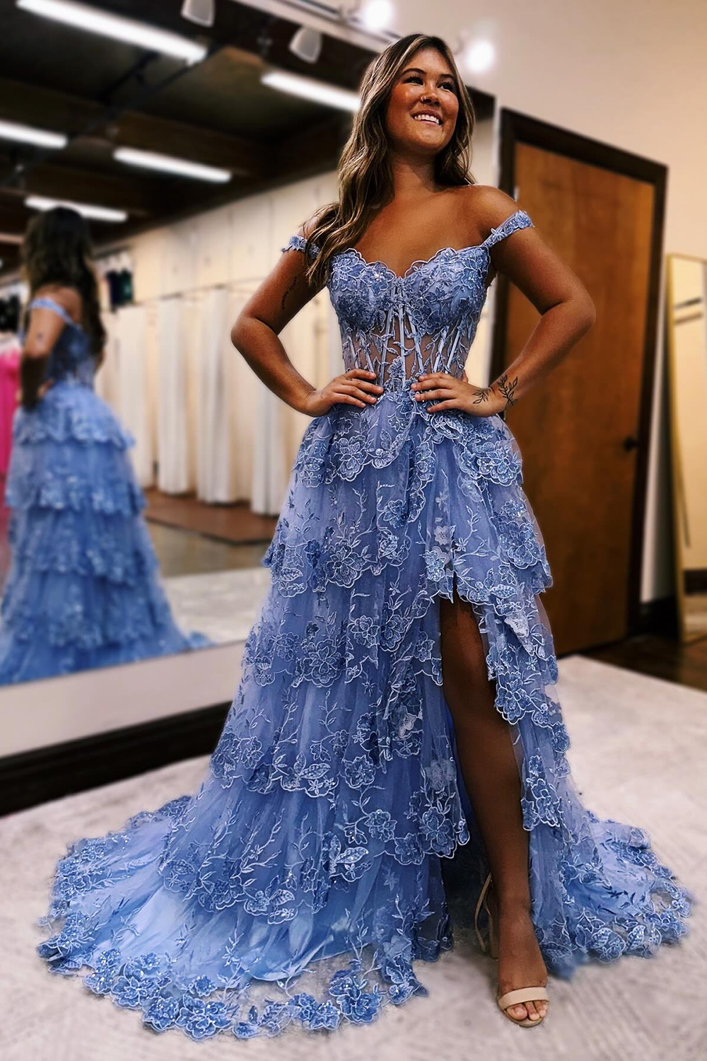 Goegeous Grey Blue Off The Shoulder Long Tiered Prom Dress With Appliques
