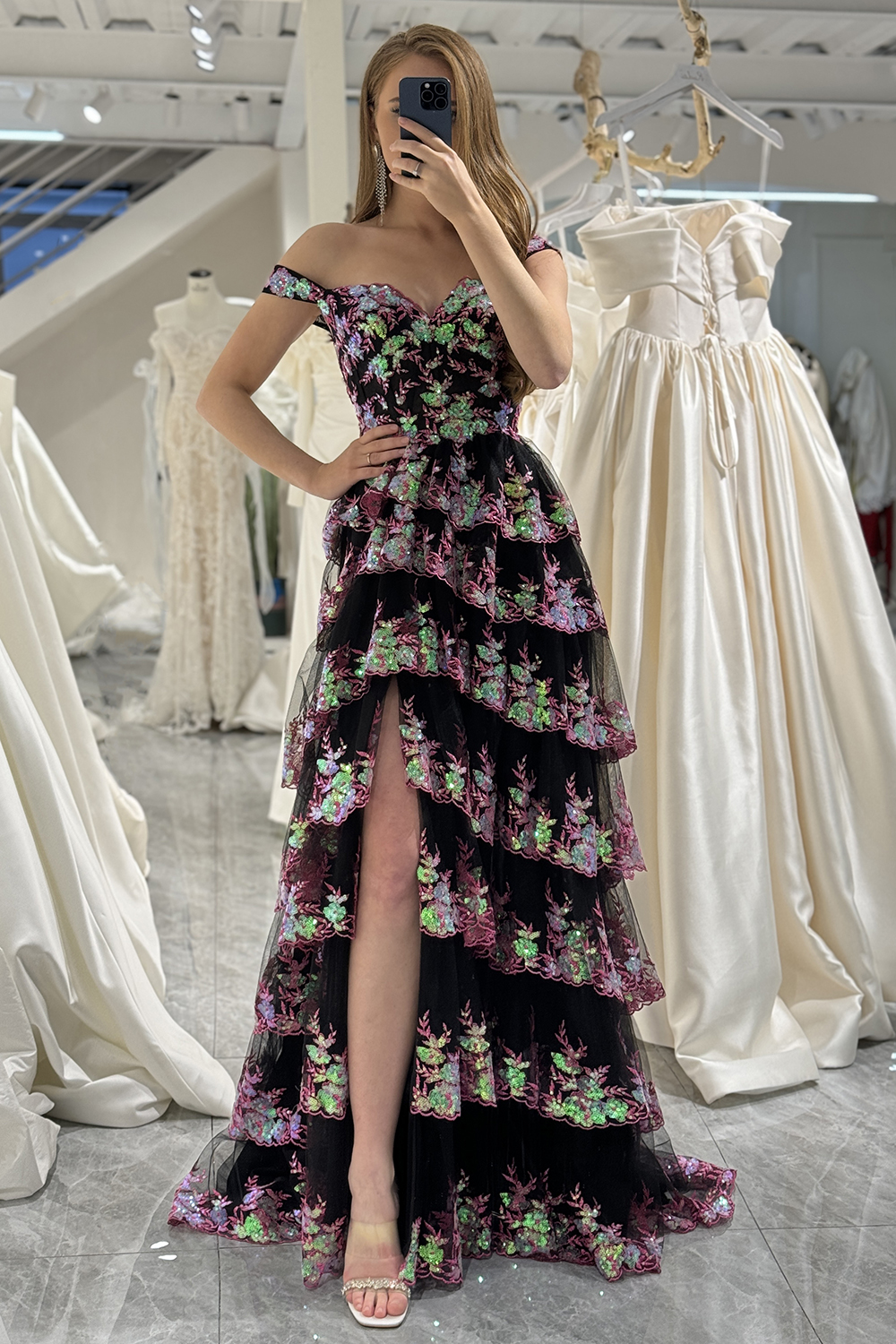 Gorgeous A-Line Off The Shoulder Tiered Prom Dress With Split
