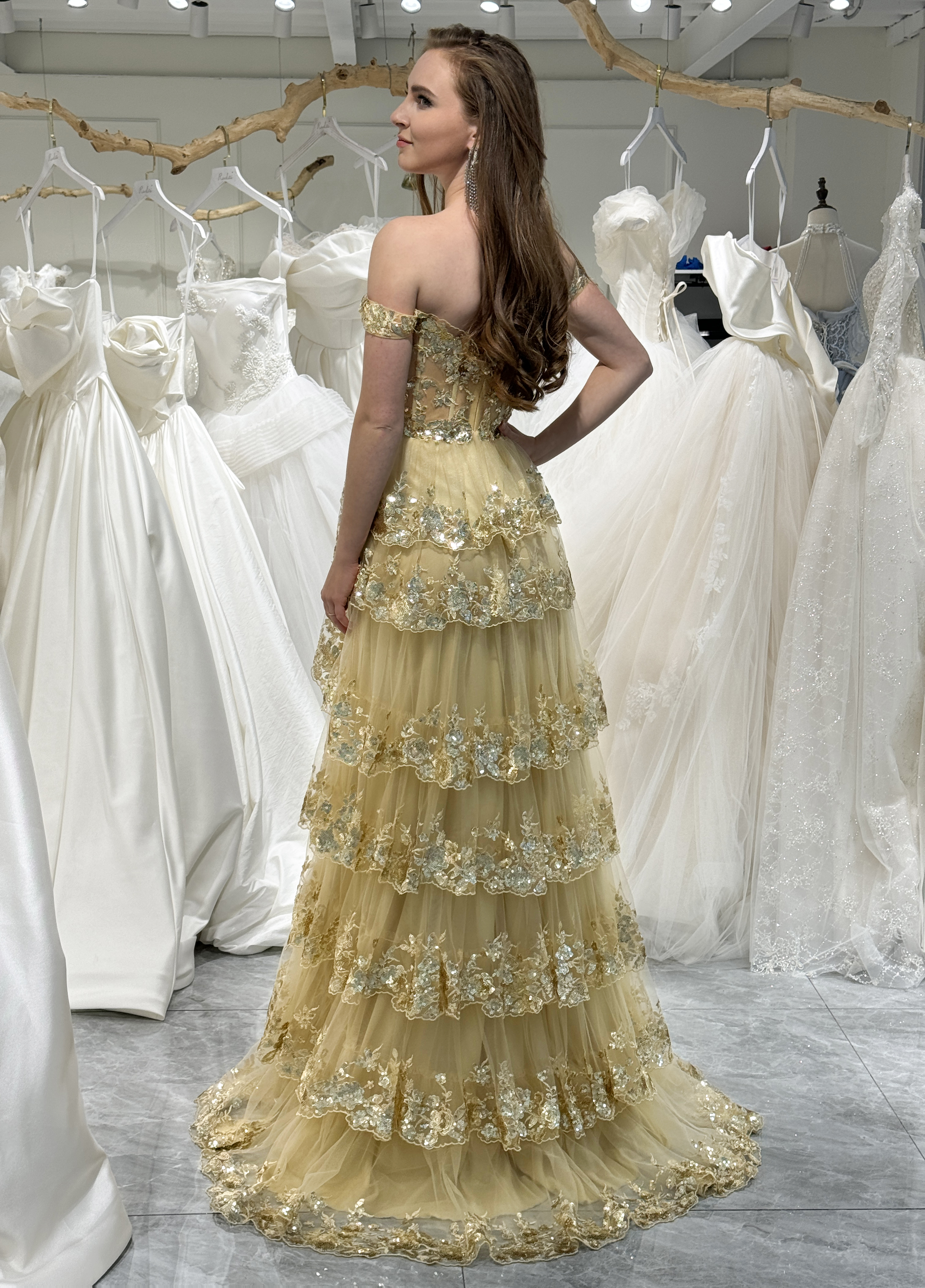 Gorgeous A-Line Off The Shoulder Tiered Prom Dress With Split