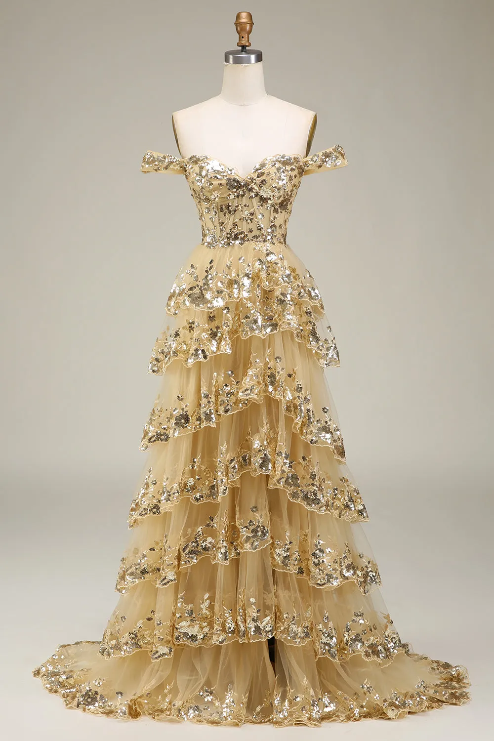 Stunning Glitter A-Line Off The Shoulder Long Tiered Prom Dress With Split