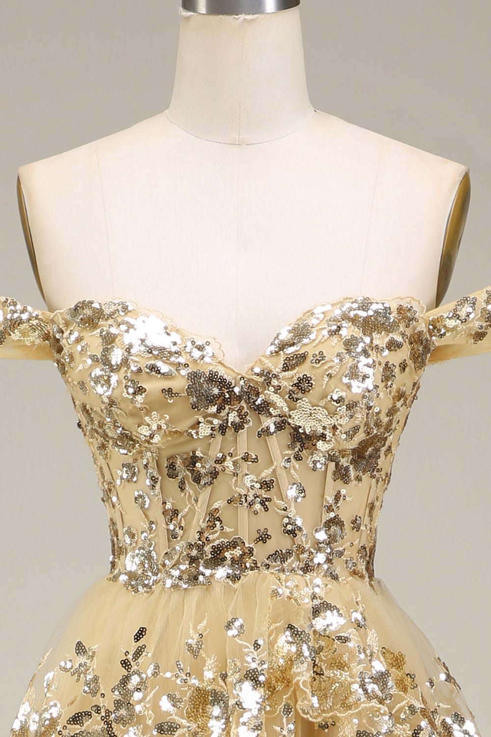 Sparkly Gold Off The Shoulder A-Line Prom Dress with Sequin And Split