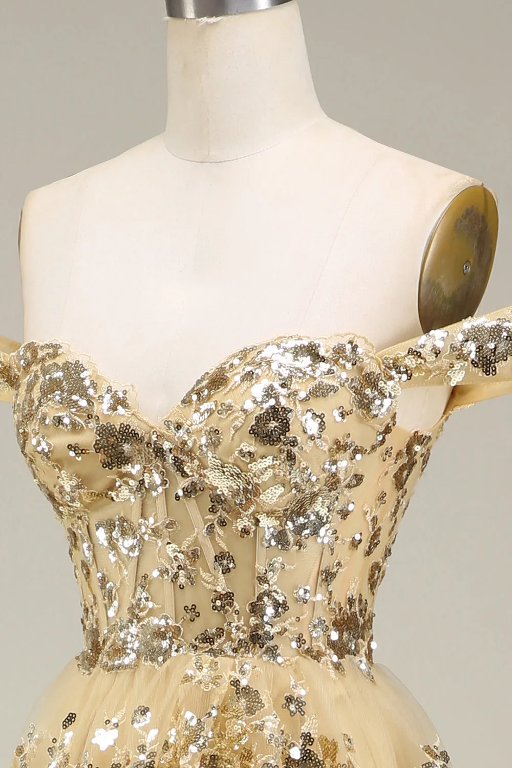 Stunning Glitter A-Line Off The Shoulder Long Tiered Prom Dress With Split